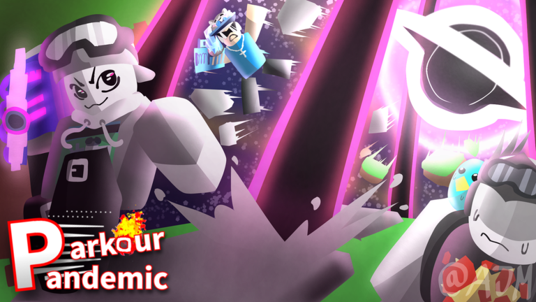 Official Parkour Pandemic Roblox experience thumbnail showing the game characters and hazard scene